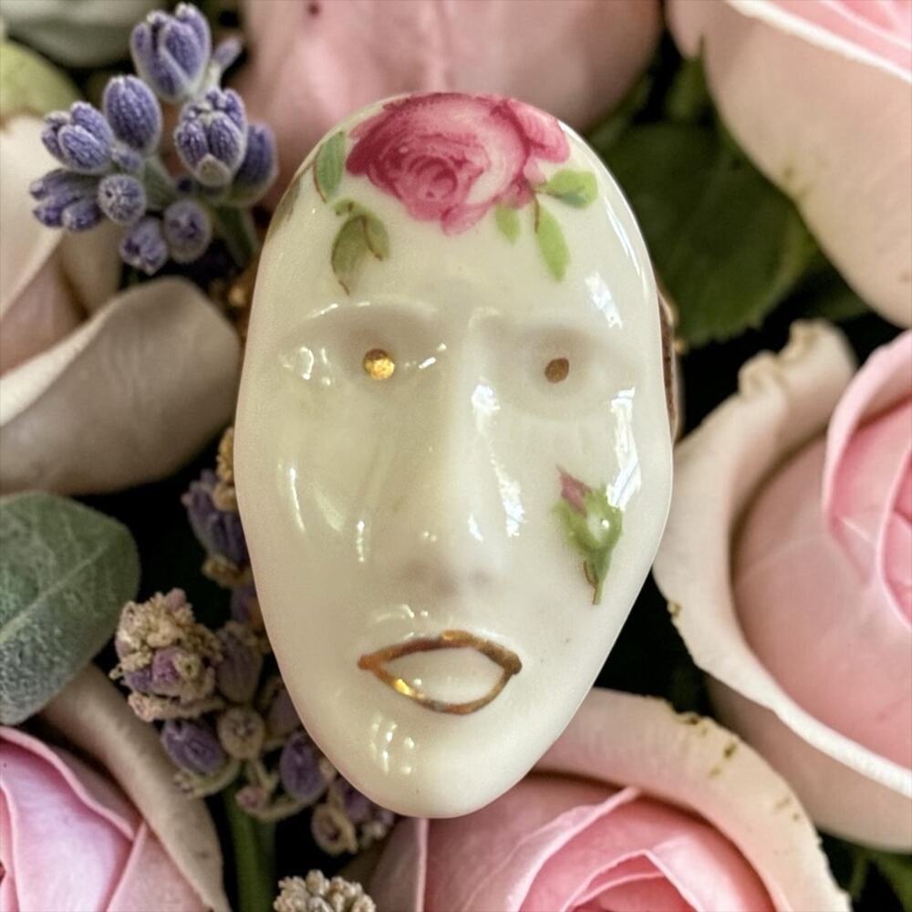 Vintage Porcelain Face Brooch Hand Painted Pink Rose Ceramic Art Pin